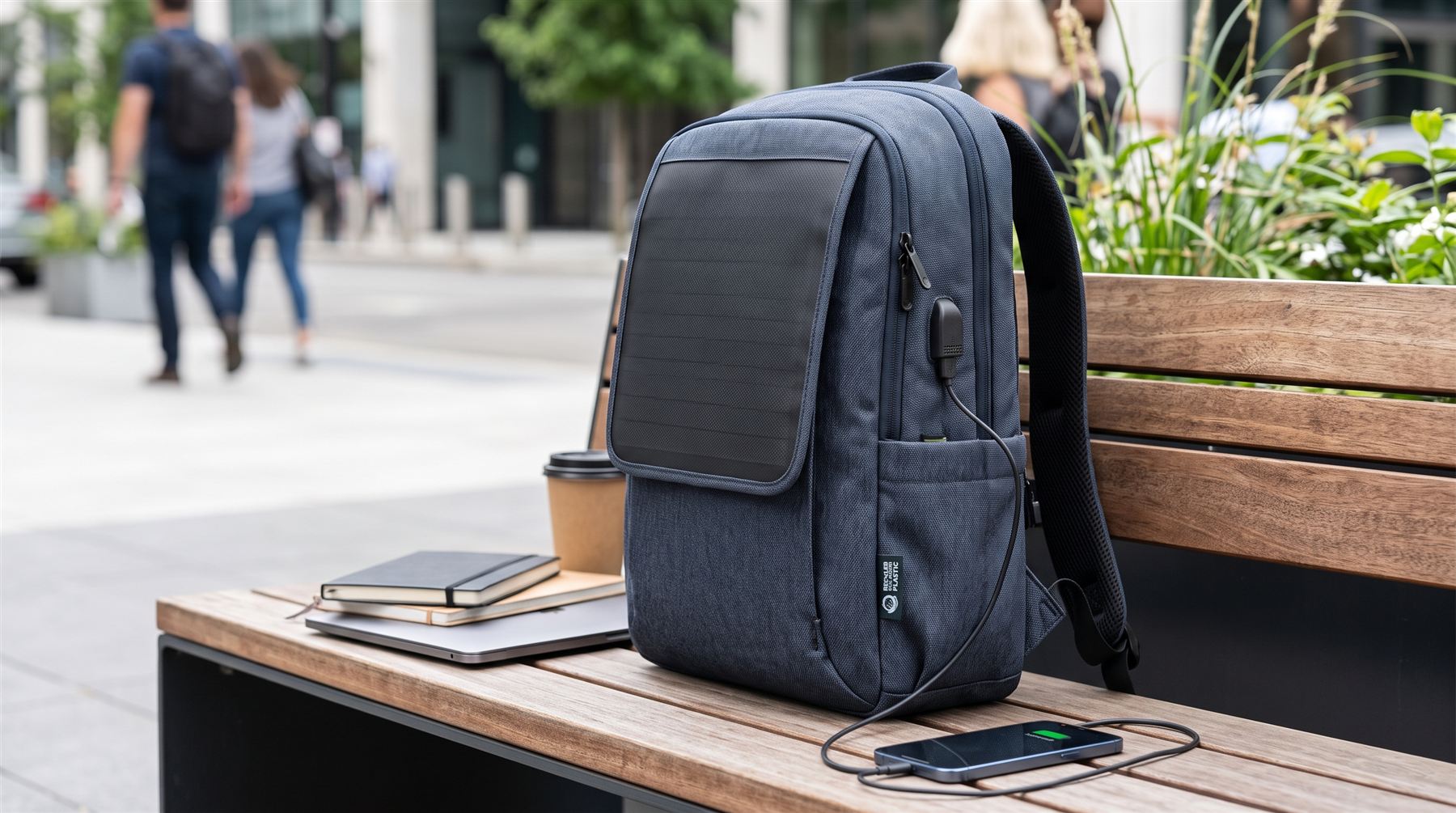 Mochila Raiola con panel solar textil sobre un banco de madera