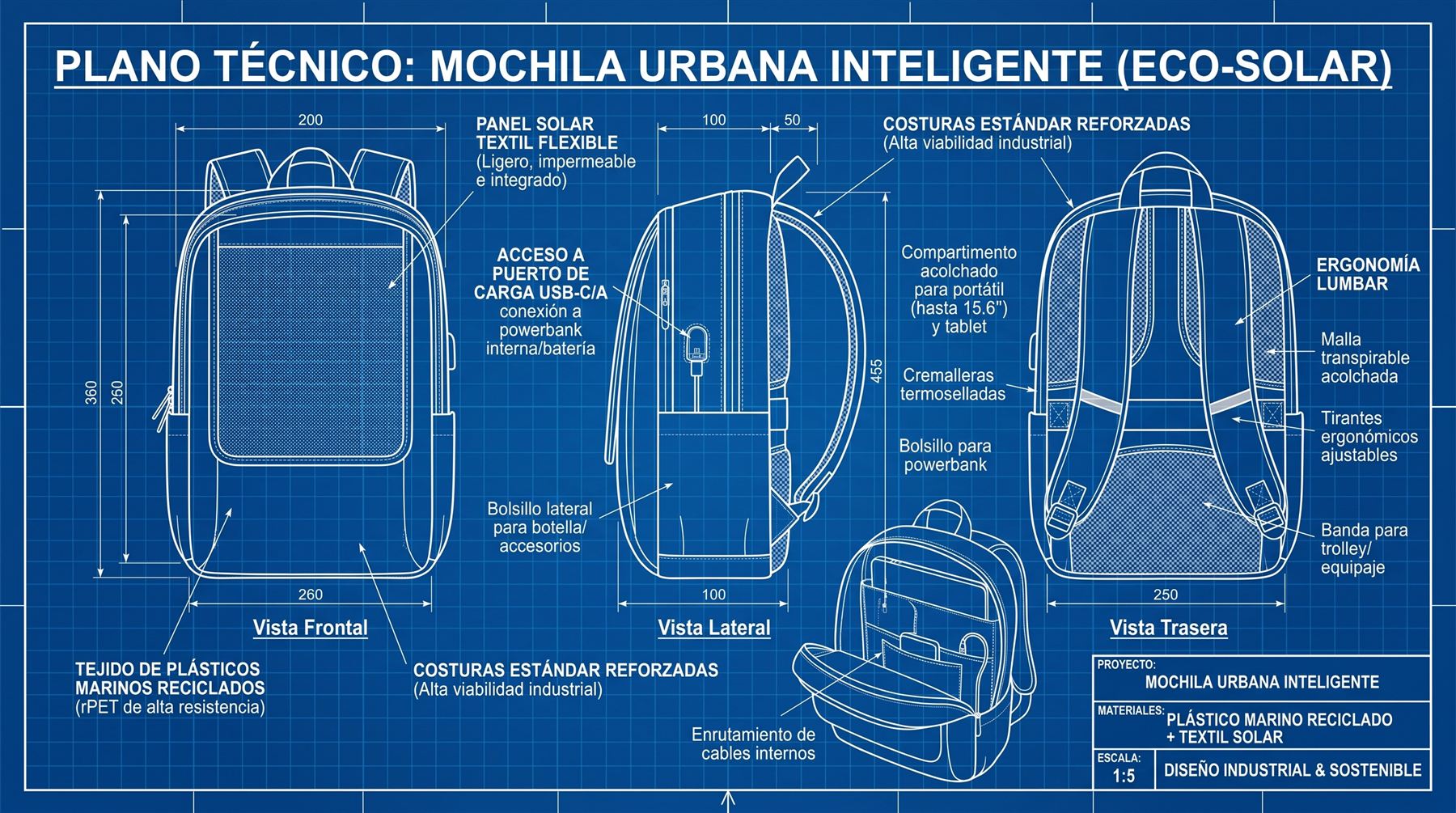 Plano técnico de la mochila Raiola con cotas