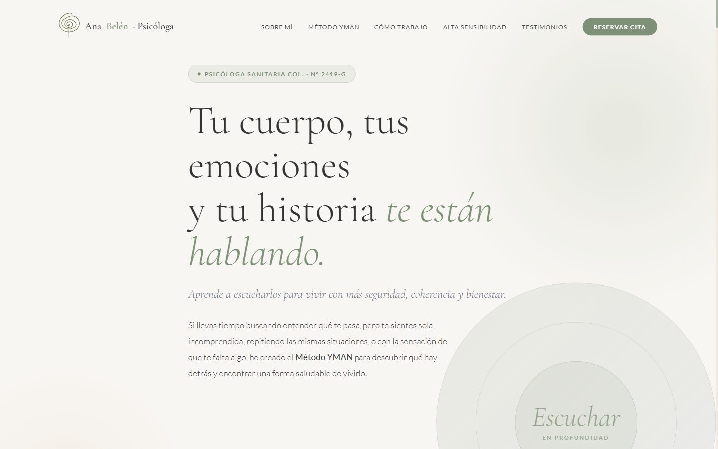 Portada de la web de Ana Belén, con el titular «Tu cuerpo, tus emociones y tu historia te están hablando»